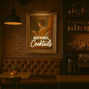 Super-Seat | Eine schwach beleuchtete Bar verfügt über eine braune Lederbank, einen kleinen Tisch, eine Topfpflanze ... | Blaue Leerbank, Holztisch, grüne Pflanzen, goldene Lijst mit neonfarbenen „COCKTAILS“. | Horecameubilair