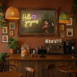 Super-Seat | Ein gemütliches Café mit Holzmöbeln, einer Kaffeemaschine, Keksdosen... | Holzplatten und Tische in warmen Farbtönen, Antik-Goldfarben und Neonkunst. | Horecameubilair