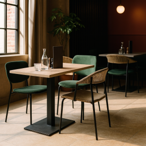 Super-Seat |Holztisch, grüne Korbsessel, Gläser und Wasserkaraffe am Fenster mit Pflanze. | Catering Möbel