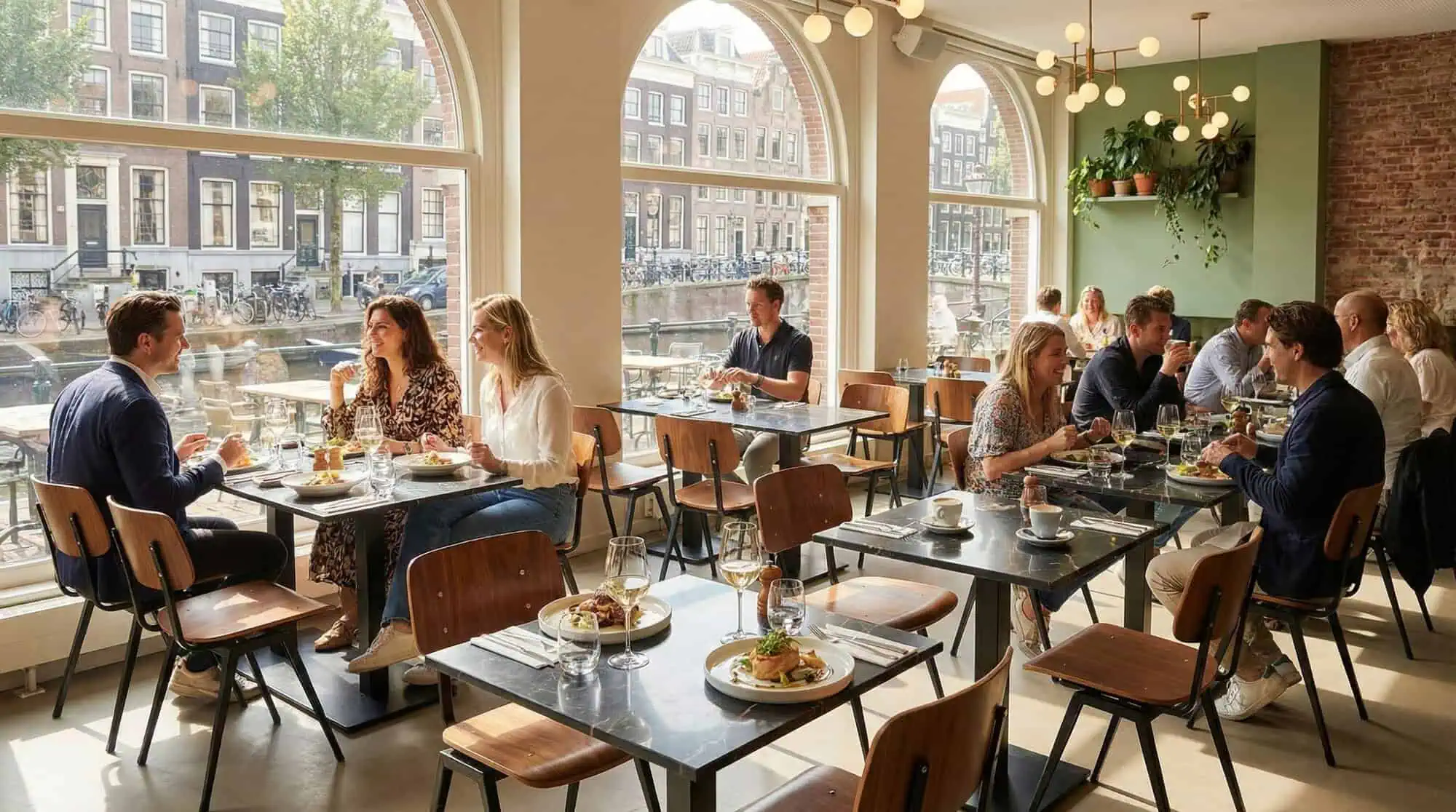 Super-Seat | Schwarze Tische in Marmoroptik, Holzstühle, Pflanzen, heller Raum mit großen Fenstern. | Catering Möbel