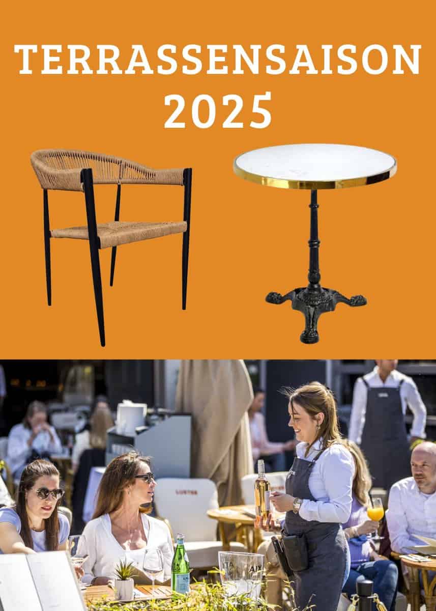 Super-Seat | TERRASSENSAISON 2025 | Korbstuhl, runder Tisch; Naturtöne mit Metallakzenten. Café-Ambiente im Freien. | Horecameubilair