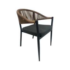 Super-Seat | The Lion Terrace Chairs | Hellbraune geflochtene Rückenlehne, dunkles Kissen, schlanke schwarze Beine, modernes minimalistisches Design. | Catering Möbel