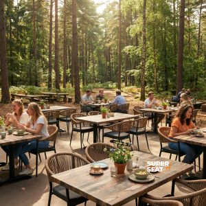 Super-Seat | Wohnen im Freien auf der Terrasse Weiße geflochtene Löwenstühle, Holztische und Barhocker unter hohen Bäumen in der Sonne. | Catering Möbel