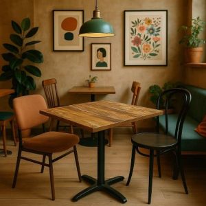 Super-Seat | World Serie Gastronomie-Tische Mango-Holz 70x70 cm inkl. Gestell | Vierkantiger Mango-Holztisch, 2 verschiedene Stühle, grüne Hängelampe, grüne Pflanzen und beige Wandbehänge. |. | Horecameubilair