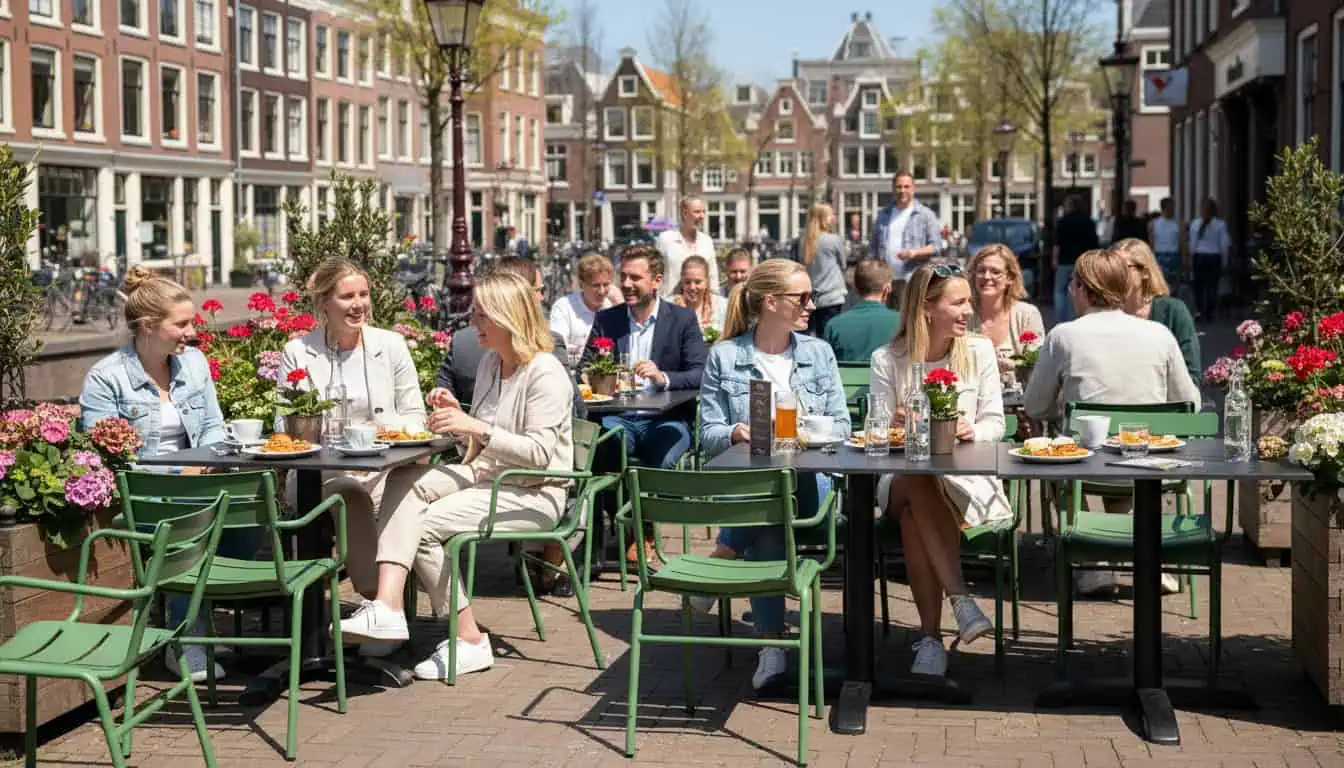 Super-Seat | Schwarze HPL-Tische, Metallstühle, Menschen, die draußen zwischen Blumen und Fahrrädern essen. | Catering Möbel