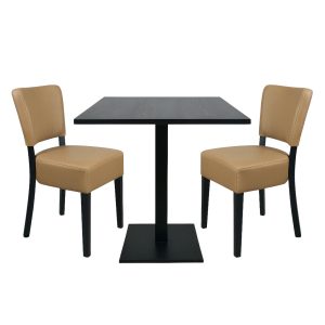 Super-Seat | The Hospitality Set Lisa taupe + Urban Tisch schwarzes Melamin 67x67cm | Schwarzer Melamintisch, quadratisch mit Bein; 2 taupefarbene gepolsterte Stühle mit schwarzen Beinen. | Catering Möbel