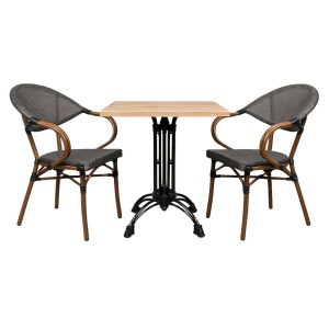 Super-Seat | The Hospitality Terrace Set Textilstühle + Werzalit Tisch Eiche 7 | Eiche Werzalit Tisch, schwarzes Metallgestell, 2 Textilstühle mit Armlehnen aus Holz in Schwarz mit geflochtener Sitzfläche |. | Catering Möbel