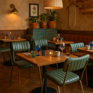 Super-Seat |Aviator Gastronomiestühle Goldgestell Vintage Grün|Grüne Vintage-Stühle mit goldfarbenem Rahmen, hölzernen Tischen und warmer Beleuchtung. | Horecameubilair