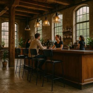 Super-Seat | Ein Mann und eine Frau sitzen auf Aviator Catering Barhocker schwarz | Zwarte metalen barkrukken met leren zitting, aan houten bar in rustiek café met veel planten. | Horecameubilair