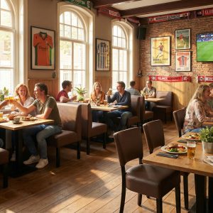 Super-Seat | Lisa hospitality Esszimmerbank Bistro Dunkelbraun - 120cm | Dunkelbraune Holzstühle, Tische und Barhocker im Sportbistro mit Sonnenlicht und Fußball. | Catering Möbel