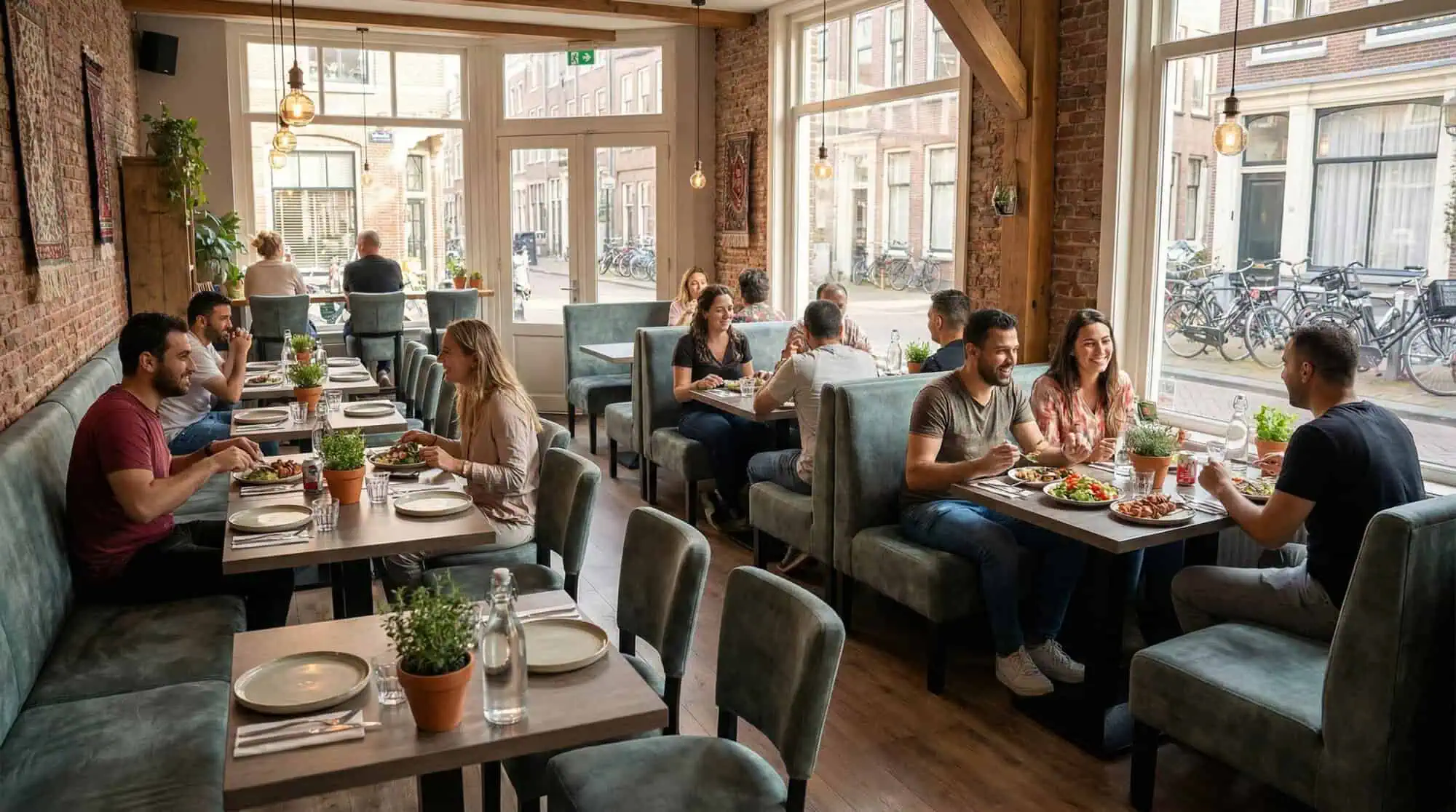 Super-Seat | Lisa Hospitality Esszimmerbank Bistro Vintage Velour grün - 120cm | Samtgrüne Bank, Holztische, große Fenster und Pflanzen für eine frische Atmosphäre. | Catering Möbel