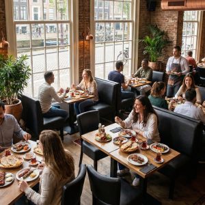 Super-Seat | Lisa hospitality Esszimmerbank Bistro Schwarz - 120cm | Schwarze Lederbänke, Holztische, Metallstühle in einem hellen, grünen Raum. | Catering Möbel