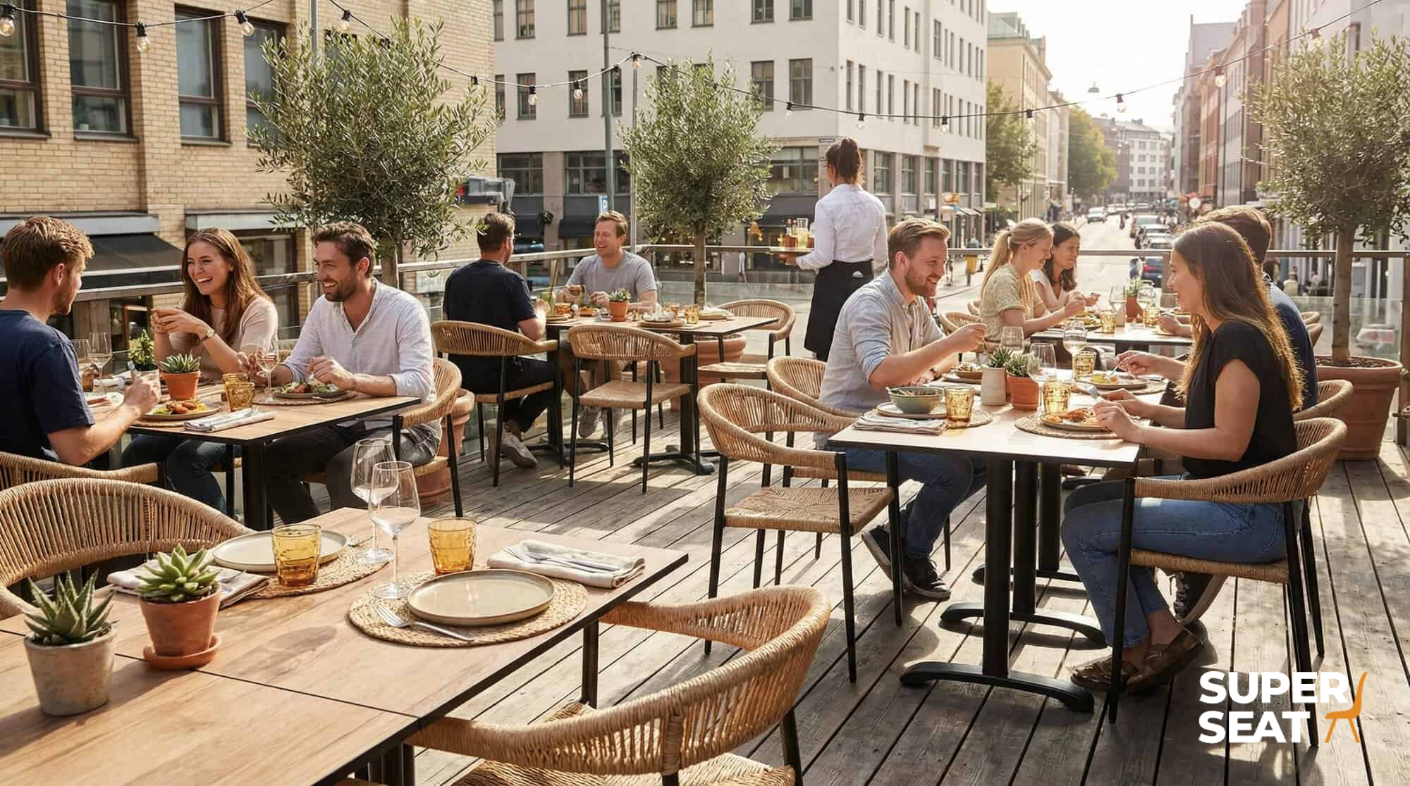 Super-Seat | HPL Hospitality Tischplatten Castle Oak 80x80cm Hölzerne eichenfarbene Tische mit Stahlrahmen und Stühlen, umgeben von Pflanzen und Leuchten. | Catering Möbel