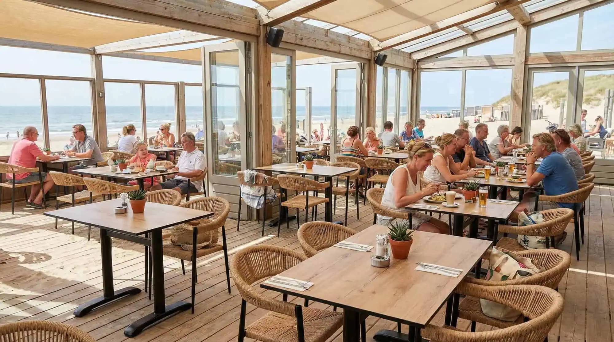 Super-Seat | Holztische mit HPL-Platten aus Kastanienholz, passende Stühle, große Fenster und Meerblick. | Catering Möbel