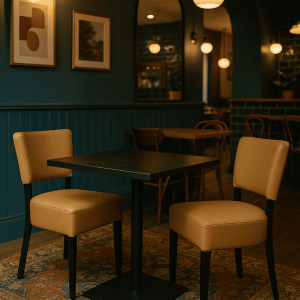 Super-Seat | Ein Catering-Set Lisa taupe | Taupefarbene Kunststoelen, schwarze Melamintafel, patroonkleed, Donkere-Restaurantambiente. | Horecameubilair