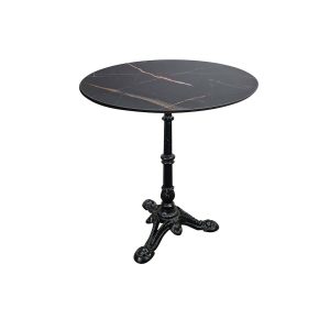 Super-Seat | Der Gastronomie-Tische Melamin Schwarz Marmor rund 67cm mit Untergestell | Runde Tafel, schwarz marmorierte Klinge mit weißen/braunen Stiften, schwarze Metallstützen mit drei gebogenen Potenzen. | Horecameubilair