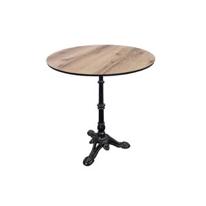 Super-Seat | Hospitality Terrassentische Paris | 70cm runde Platte aus HPL Schlosseiche, schwarzes Metallbein, warme Holzfarbe, solide Materialien. | Catering Möbel