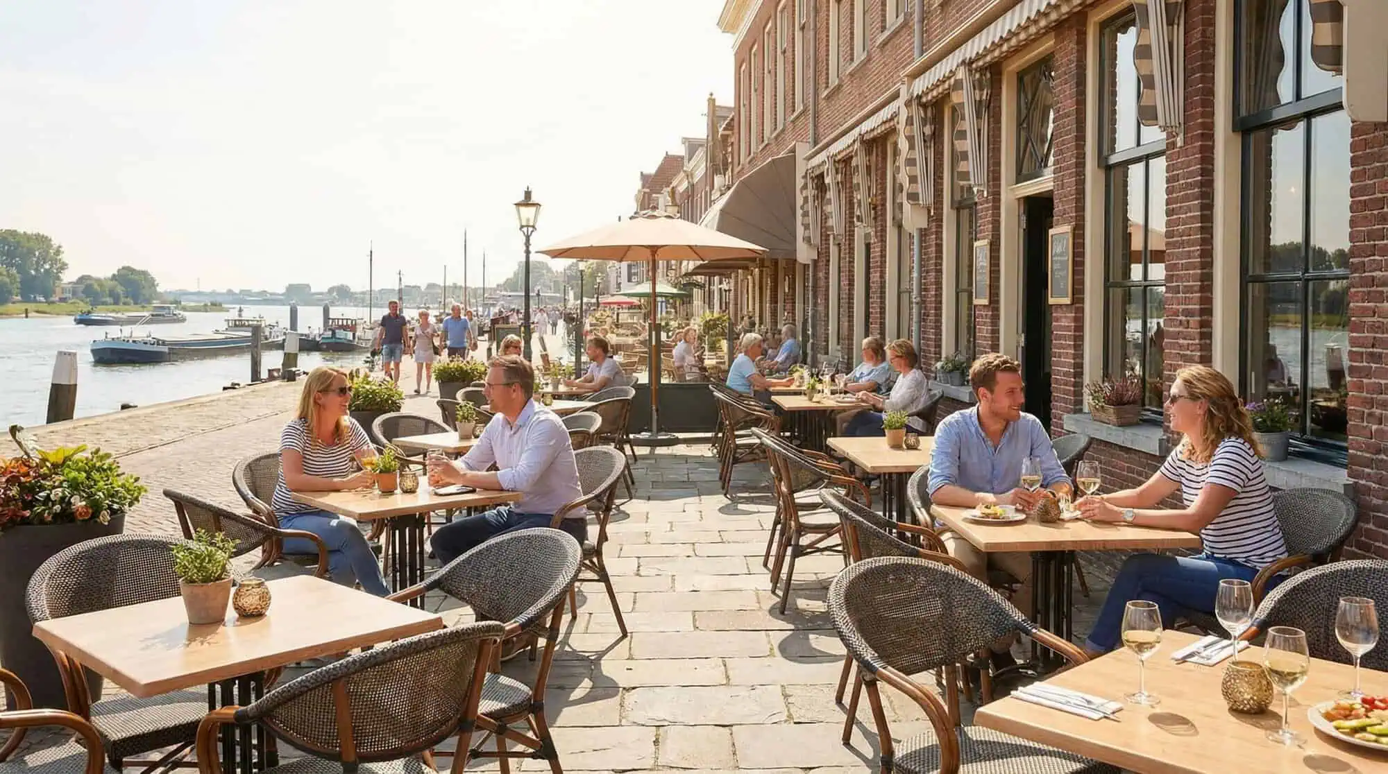 Super-Seat | Hospitality Terrace Furniture | Schwarze Textilene Stühle, Wermodin Eichentische auf einer Steinterrasse am Wasser in der Sonne. | Catering Möbel