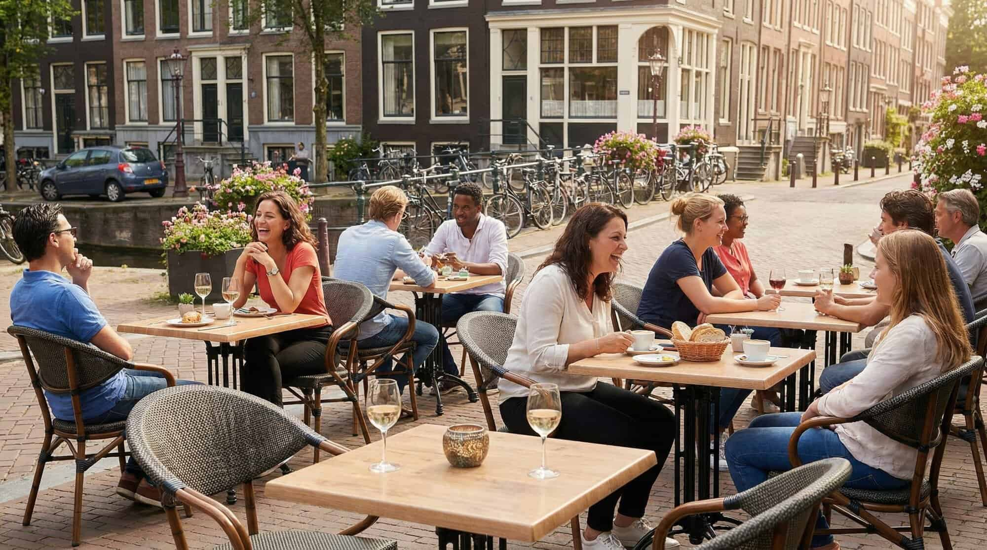 Super-Seat | Terrassenstühle und -tische für die Gastronomie und den Garten | Graue Textilstühle, Eichentische, Metallräder; urbane Terrasse am Wasser. | Catering Möbel