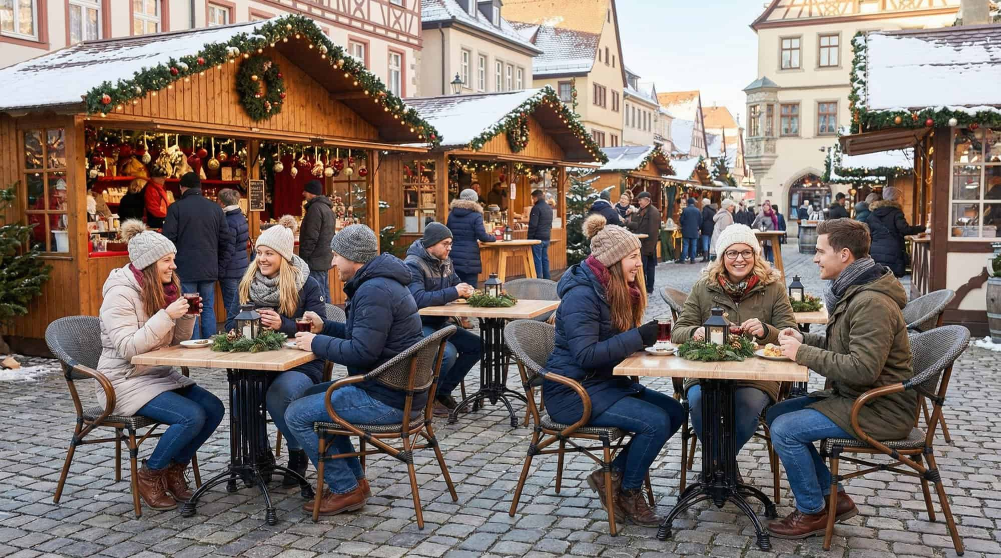 Super-Seat | Graue Textilstühle, Wermodin Tisch aus Eiche; gemütlicher Marktplatz mit Weihnachtsbeleuchtung. | Catering Möbel