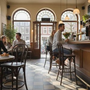 Super-Seat | Holztische, natürliche Barhocker an der Bar, große Fenster, warme Atmosphäre und Pflanzen. | Catering Möbel