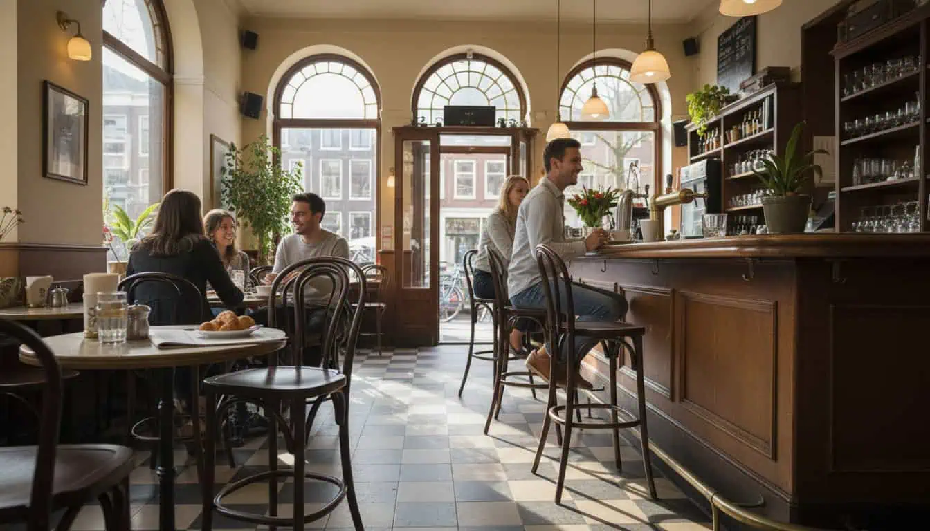 Super-Seat | Holztische, natürliche Barhocker an der Bar, große Fenster, warme Atmosphäre und Pflanzen. | Catering Möbel