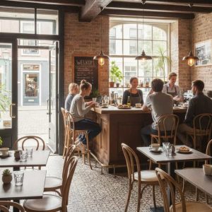 Super-Seat | Was Sie erwarten wird | Backsteinwände, große Fenster und natürliche Thon no 18 Barhocker aus Holz. Viel Licht und grüne Pflanzen. | Catering Möbel