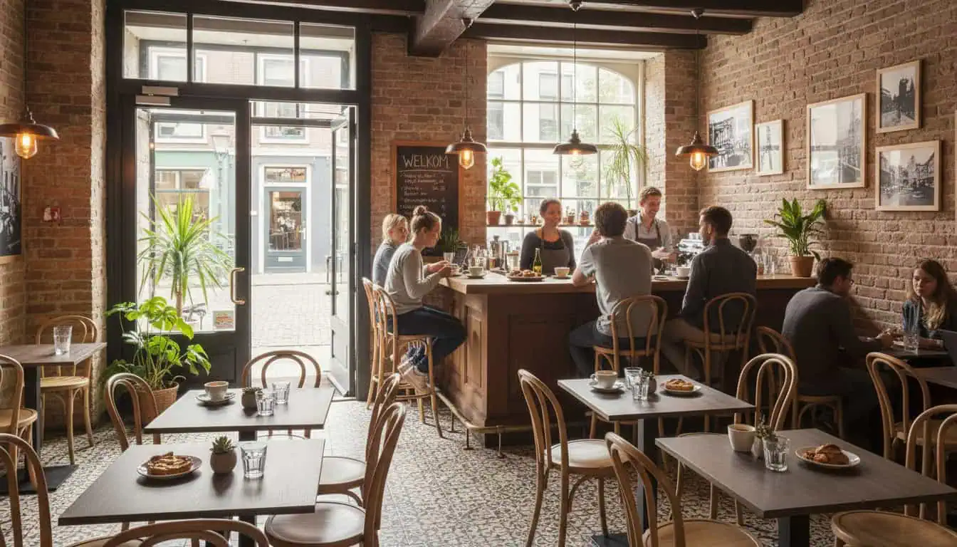 Super-Seat | Was Sie erwarten wird | Backsteinwände, große Fenster und natürliche Thon no 18 Barhocker aus Holz. Viel Licht und grüne Pflanzen. | Catering Möbel