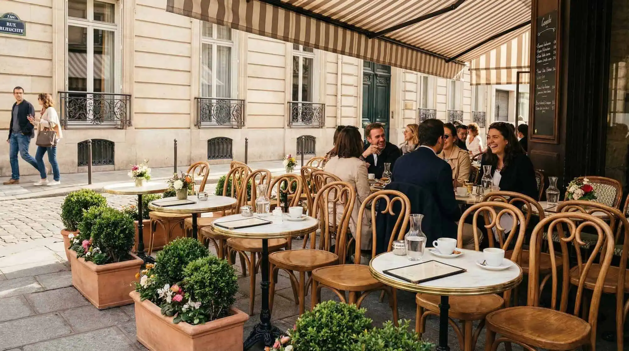 Super-Seat | Terrassenstühle und -tische | Außencafé mit Stapelstühlen aus natürlichem Kunststoff, Holzstühlen, runden Tischen und Blumentöpfen. | Catering Möbel