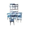 Super-Seat | Fünfzehn blaue Vintage-Holz-Caféstühle aus dem Thonet Mix Set | Blau lackierte Holzstühle, teilweise auf einem Metallgestell gestapelt, Vintage-Look. | Catering Möbel