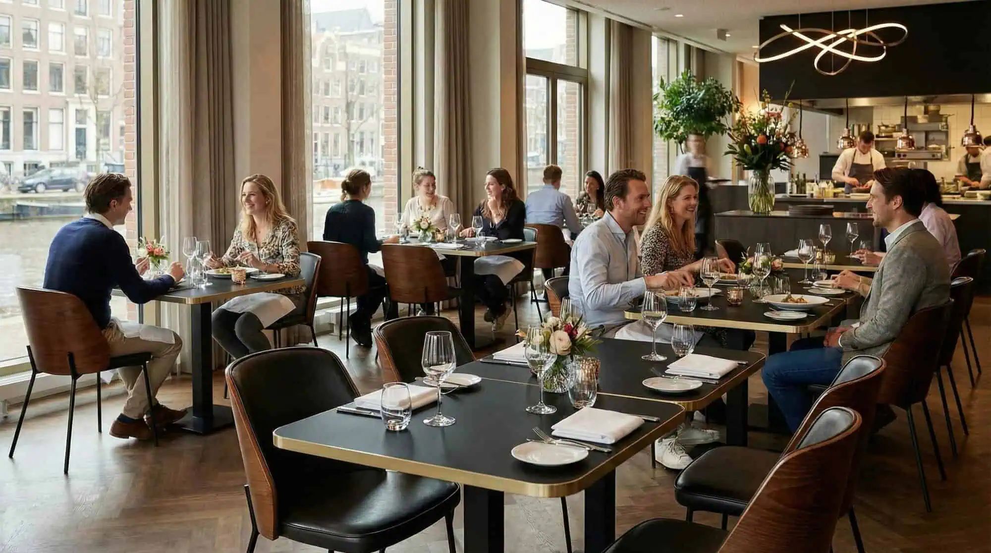 Super-Seat | New York Design Stühle Holz Schwarz Leder | Modernes Geschäft mit Holzböden, schwarzen Holzstühlen mit Leder und stilvollen Tischen. | Catering Möbel