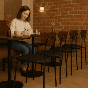Super-Seat | Eine Frau sitzt allein an einem Kaffeetisch und schreibt in ein Notizbuch | Zwarte en houten Scandinavische designstoelen rond tafels, bakstenen muur, minimalistische sfeer. | Horecameubilair