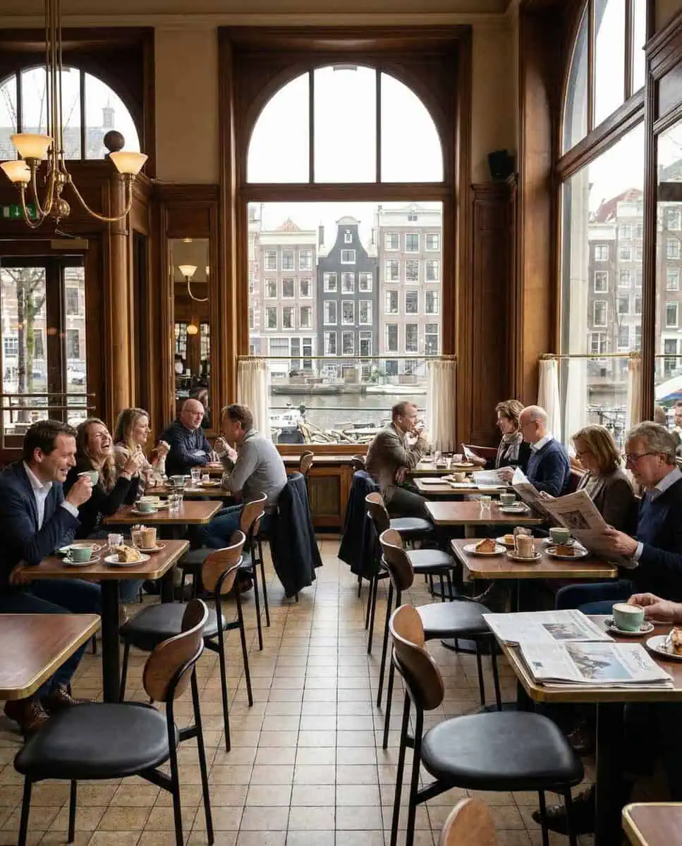 Super-Seat | Stühle, Tische, Barhocker in Holz/Schwarz, Menschen an Tischen mit Kaffee in einem Café mit großen Fenstern. | Catering Möbel