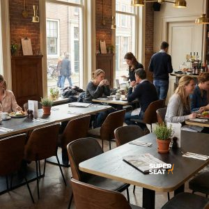 Super-Seat | New York design stoelen hout velours Mokka Moderne café met houten tafels, barkrukken en velours stoelen in warme mokkatinten. | Horecameubilair