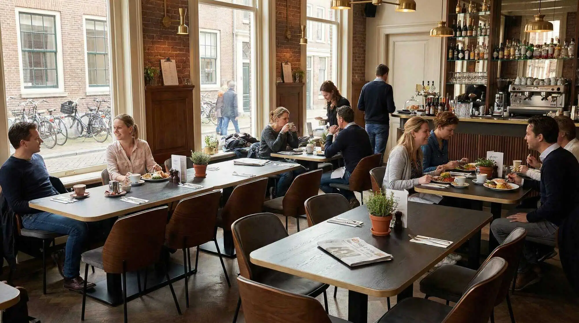 Super-Seat | New York Designerstühle Holz Velours Mocha Modernes Café mit Holztischen, Barhockern und Veloursstühlen in warmen Mokkatönen. | Catering Möbel