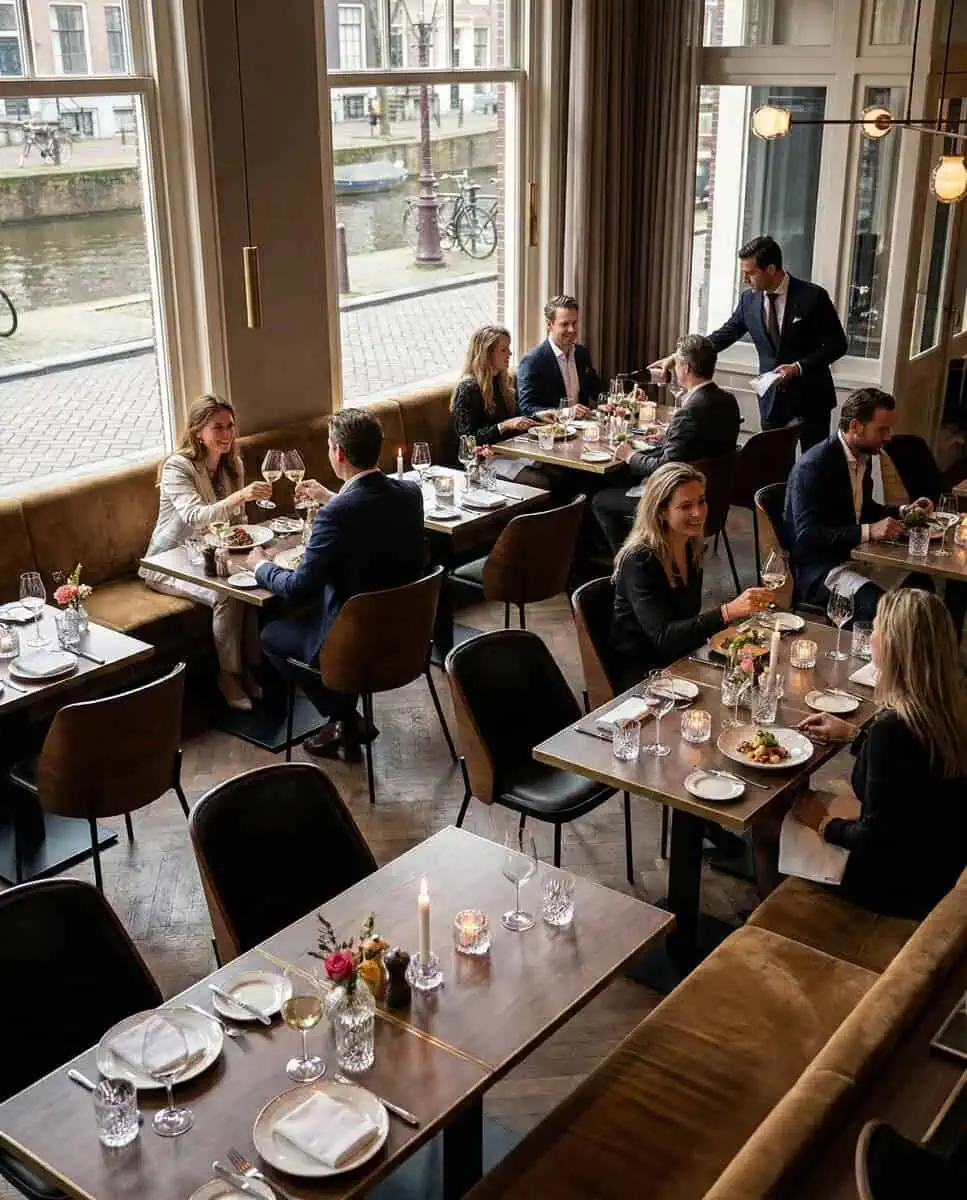 Super-Seat | Holztische und schwarze Lederstühle in einem modernen Restaurant mit Blick auf den Kanal und die Fahrräder. | Catering Möbel
