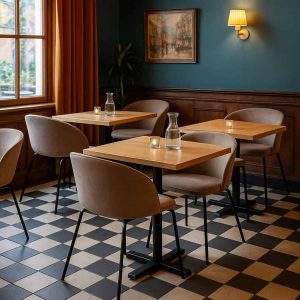 Super-Seat |Ein kleiner Restaurant-Essbereich mit kariertem Fliesenboden, Holztischen, mokkafarbenen Samtstühlen, orangefarbenen Vorhängen und grünen Wänden|. | Horecameubilair
