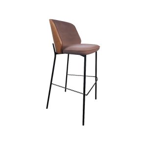 Super-Seat | The New Yorker Designer Barhocker Holz Velours Mocha | Mocha velours zitting/rug, houten paneel, zwarte metalen poten met voetensteun |. | Horecameubilair