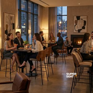 Super-Seat | New Yorker Designer-Barhocker Holz Velours Mocha | Holzstühle, Tische und Velours-Barhocker in Mocha, modernes Licht, warme Atmosphäre. | Catering Möbel