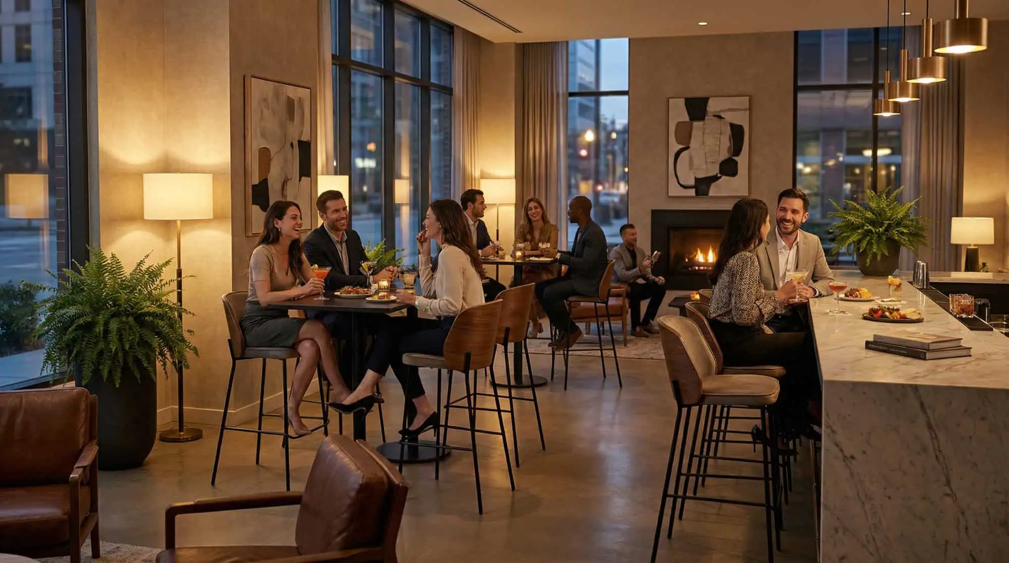 Super-Seat | New Yorker Designer-Barhocker Holz Velours Mocha | Holzstühle, Tische und Velours-Barhocker in Mocha, modernes Licht, warme Atmosphäre. | Catering Möbel