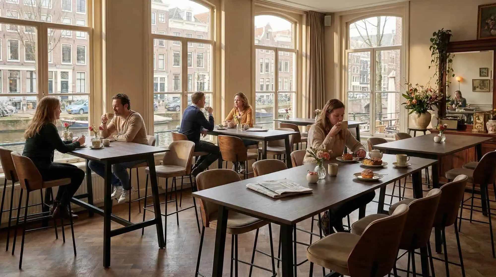 Super-Seat | New York Design Barhocker Holz Velours Mocha Holztische mit Kaffee und Gebäck, Mocha Velours Barhocker von window. | Catering Möbel