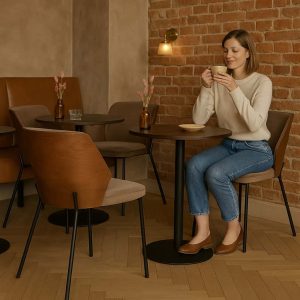 Super-Seat | New York Design Stühle Holz Samt Mokka | Die Frau steht auf einem runden Holztisch, Mokka-Stoff aus Samt, braune Wand und rosafarbene Blumen. | Horecameubilair