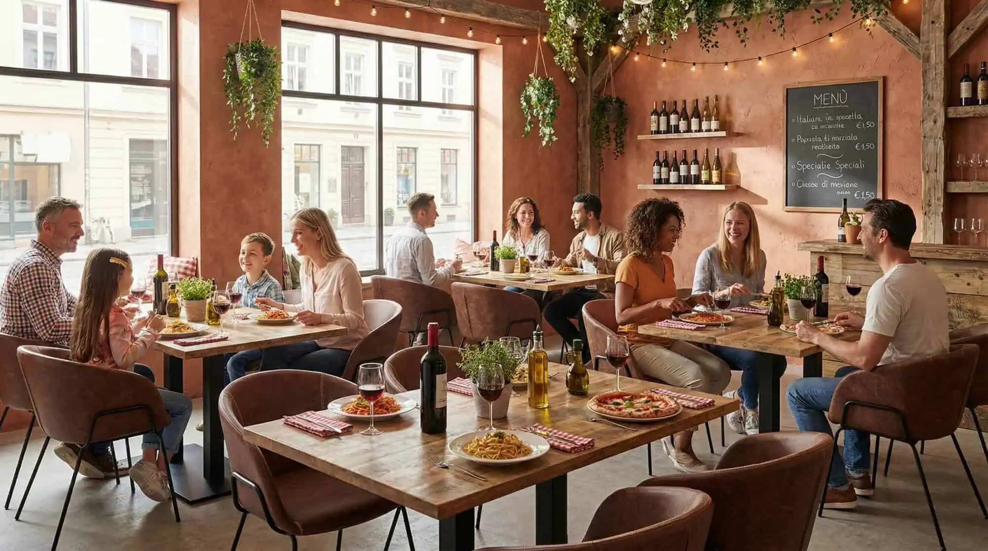 Super-Seat | Pizza Restaurant | Cognacfarbene Ledersessel von Portland, Holztische, warme Atmosphäre mit Lampen, Pflanzen und Weinflaschen. | Catering Möbel