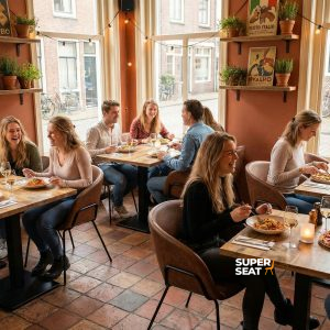 Super-Seat |Cognackleurige leren stoelen, houten tafels, barkrukken en grote ramen met planten. | Horecameubilair