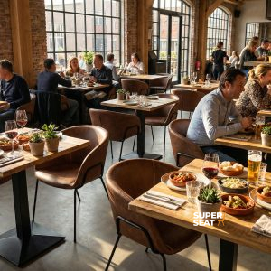 Super-Seat |Cognac leren stoelen, houten tafels, industrieel interieur met veel licht, planten op tafel. | Horecameubilair