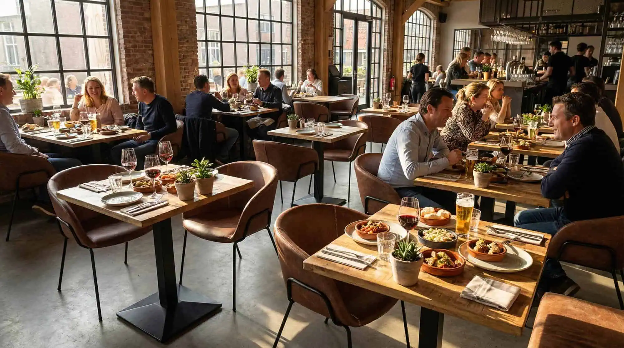 Super-Seat |Cognacfarbene Lederstühle, Holztische, industrielle Einrichtung mit viel Licht, Pflanzen auf dem Tisch. | Catering Möbel