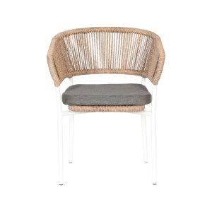 Super-Seat | The Ibiza wit (terras) stapelstoelen met kussen | Witte kunststof stoel met gevlochten rattan look, metalen poten en grijs kussen. | Horecameubilair
