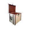 Super-Seat | Ein großer, rechteckiger, cremefarbener Authentic Models Beistelltisch; mit Holz, braunen Lederriemen, schwarzen Metalldetails |. | Catering Möbel