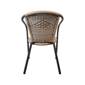 Super-Seat | Terry Stapelbare Terrassenstühle | Zwarte metalen stapelstoel met armleuningen, kunststof rattan zitting/rugleuning in diamantpatroon. | Horecameubilair