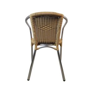 Super-Seat | Die Tivoli Terrassenstühle stapelbar | Chromgestell, geschwungene Metallarmlehne, geflochtener Rattanteppich und Sitz in Hellbraun. | Catering Möbel